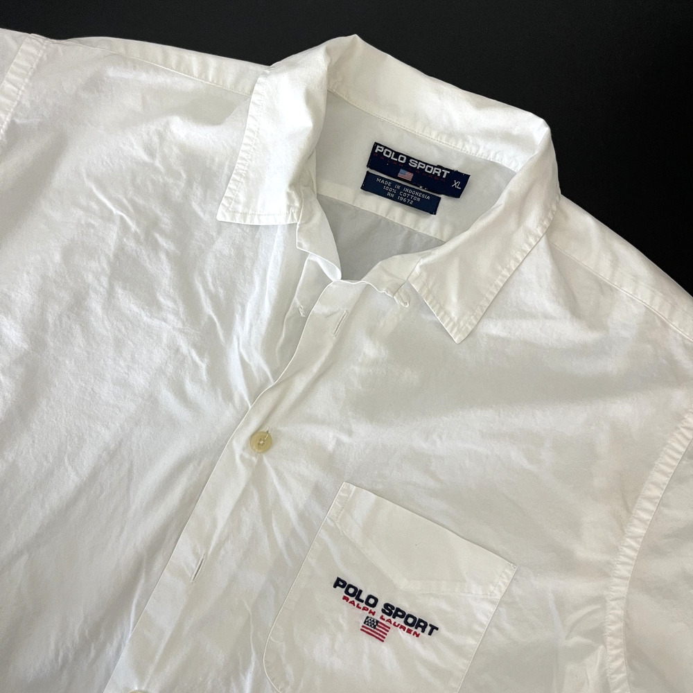 Polo Sport Ralph Lauren Shirt Mens XL White Button Up Loop‎ Collar Cotton FLAWS